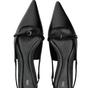 ZARA POINTED FLAT LEATHER SLINGBACKS Black SIZE 9| 1518/110/800